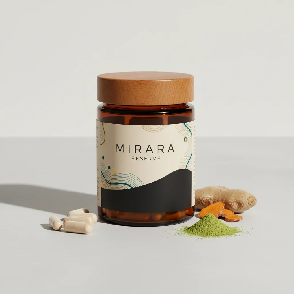 Mirara Reserve amber glass supplement jar with elegant botanical label